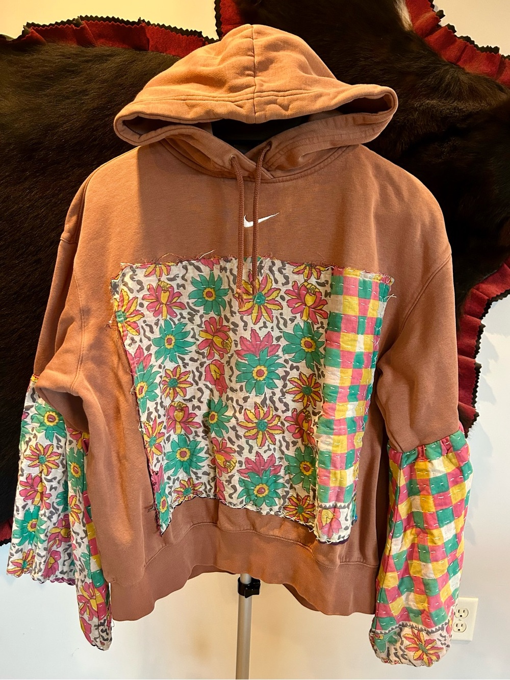 Upcycled Custom Nike Hooded pullover sweatshirt with Kantha Panel and Sleeves